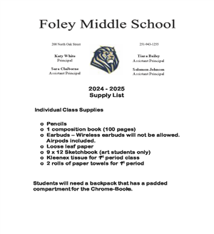 2024-2025 School Supply List